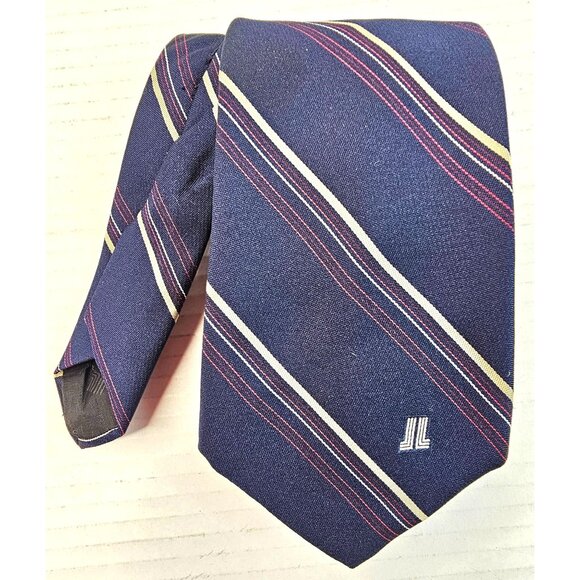 Lanvin Mens Navy Blue Striped Silk Tie With Red & Yellow Accents - Picture 1 of 8